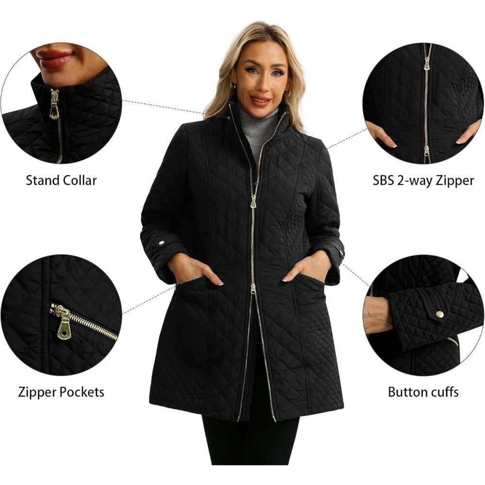 Women's Lightweight Black Long Quilted Jackets Coat Design Warm Stand Collar - Picture 6 of 6